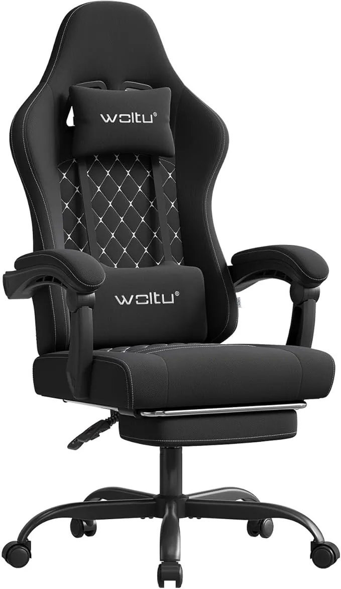 WOLTU Silla Gaming Ergonómica, Silla Oficina con Soporte Lumbar Masaje y Reposapiés Extraible, Silla Giratoria con Gran Asiento de Muelle, Capacidad de 150 kg, Tela de Malla, Negro+Blanco