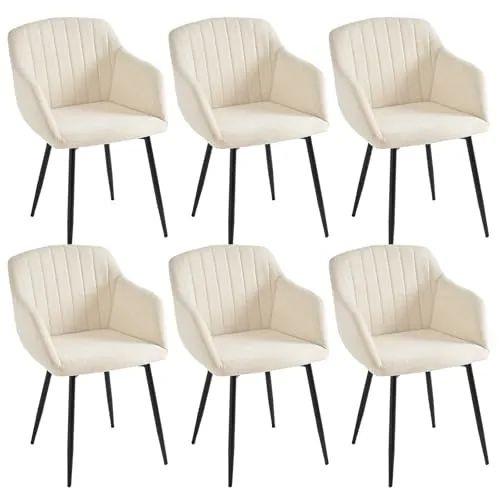 Goeurvant Juego de 6 sillas de comedor con reposabrazos, sillas tapizadas de chenilla, sillas con reposabrazos, sillas de cocina con respaldo y estructura de metal para comedor, color blanco crema