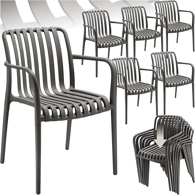 tectake® Sillas Terraza Exterior Apilables, Plástico Resistente, Antideslizante, Fácil de Montar, Muebles Resistentes, Sillas Jardin Exterior - Set de 6 con Reposabrazos Antracita