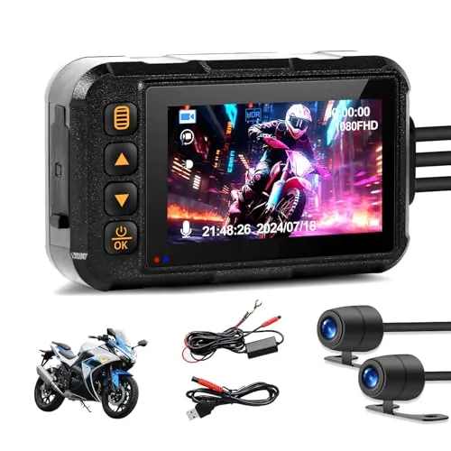 CAMECHO Moto Dash CAM Pantalla 3 Pulgadas, IP67 Impermeable, Doble Cámara Gran Angular 120 Grados, Cámara para Moto de 90 Grados con HDR, Sensor G, Grabación en Bucle