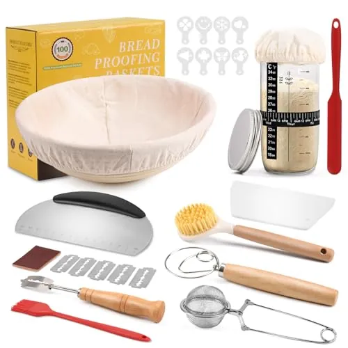 Clheatky Cesta de Fermentación para Pan 23cm Redonda, 11 Piezas Kit Completo de Panadero, Banetones de Caña Natural, Cesta para Pan de Masa Madre para Principiantes y Experimentados