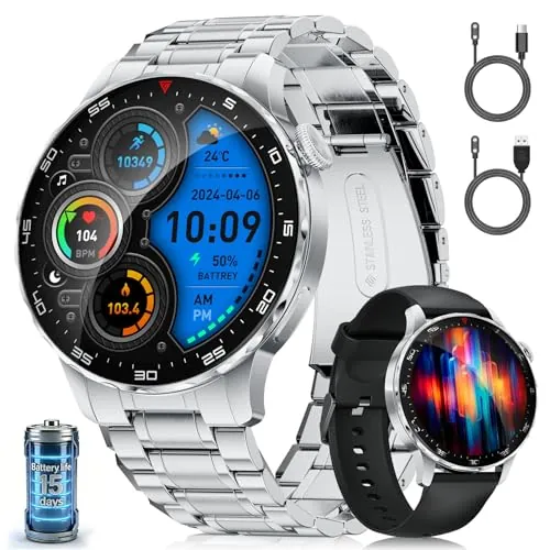 LIGEMI Smartwatch Hombre, 1.43" AMOLED Pantalla Redonda,123 Modos Deportivos,Ritmo Cardíaco Presión Arterial Sueño,Llamadas Bluetooth 5.3,2 Cables de Carga Magnéticos para Android iOS(SML21-D)