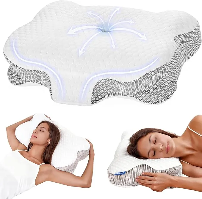 Almohada Cervicales y Cuello, Almohada Cervical Ergonómica de Espuma Viscoelastica, Almohada Ortopedica para Soporte de Cabeza/Cuello/Hombro, Dormir de Lado, Boca Arriba y Boca Abajo (Blanco)