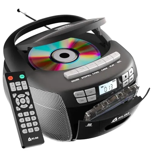 KLIM CD Player - Reproductor Cassette, Am/FM Radio CD y Bluetooth, Control Remoto, Radio Cassette con CD-R y Grabación en Cinta, USB, AUX, Reproductor CD-R con Sonido Estéreo - Plata