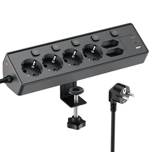 Regleta Escritorio con USB C (PD 30W), Interruptores Individuales Toma de Corriente de Escritorio, Regletas Enchufes Proteccion Sobretension, Cable de 2 Metros para Oficina en Casa,Cable 3M,Negro