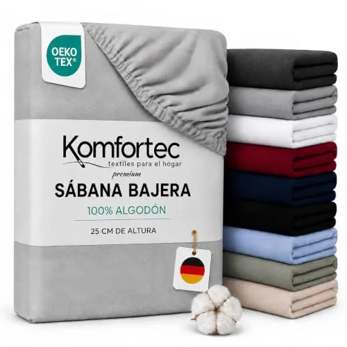 Komfortec Sábana Bajera Ajustable de 140 x 200 cm, 100% algodón, Color Gris