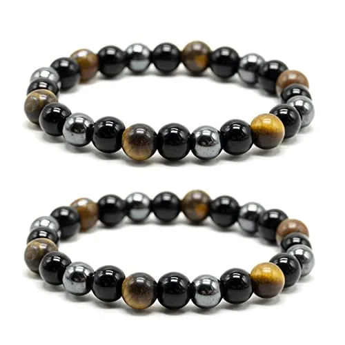 SZCXDKJ Pulsera de triple protección, 2 unidades, 8 mm, ojo de tigre, cuentas de hematita y obsidiana negra, pulsera de equilibrio de piedras preciosas, pulsera de protección, 17 centimeters, Caucho