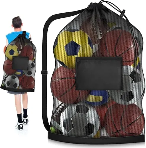 Bolsa De Red Grande Para Balones 102 X 76 Cm Adultos – Saco Deportivo De Malla Con Cordón Ajustable Y Bolsillo Lateral – Bolsa Resistente Para Fútbol, Baloncesto, Voleibol, Rugby, Natación Y Gimnasio