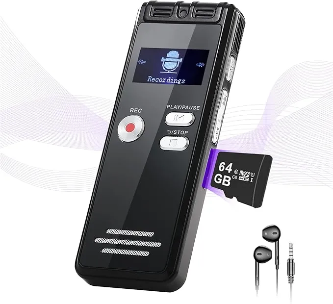 Grabadora de Voz con reproducción de 64 GB – 1536 Kpbs, Dispositivo de grabación de Audio con reducción de Ruido para entrevistas/Clases/reuniones