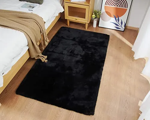 Ghouse Alfombras Salón Rectangular Alfombra Suave de Pelo Corto de Habitación Dormitorio Lavables Alfombra Antideslizante Muy Suave, Alfombra esponjosa de Cama (60 x 180 cm,Negro)
