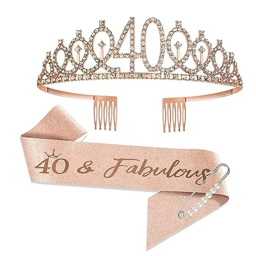 JurciCat 40 Cumpleaños Mujer Decoration Banda and Tiara Rose Gold Corona Cumpleaños Regalos de la Mujer para la Decoración de la Fiesta