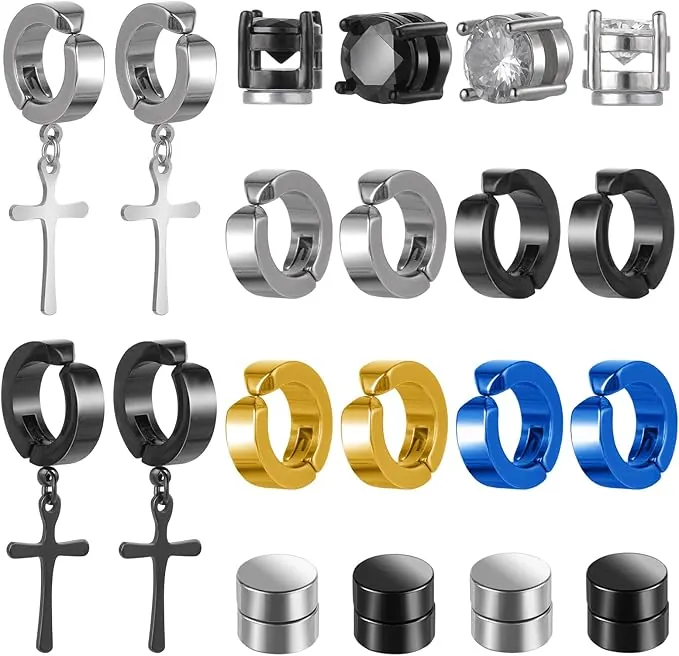 10 Pares de Aretes Magnéticos de Acero Inoxidable Sin Perforación - Cruz, para Hombres, Mujeres, Niños y Niñas - 10 Pairs Style A