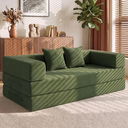 Vipbear Sofá Cama 200 cm, Boneless Sofá Modular 3 Plazas de Pana, Plegable y Convertible en Cama,5 en 1 para Salón, Dormitorio e Invitados, Verde
