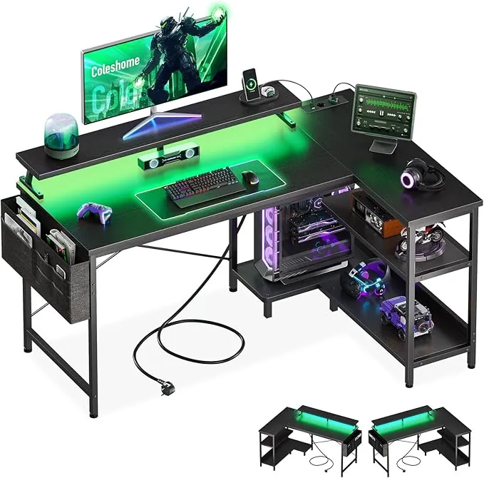 Coleshome Escritorio Gaming con LED, 120x80cm Escritorio Esquina con Estantes Reversibles, Mesa Gaming en L con Tomas de Corriente y USB Mesa de Juegos con Soporte Monitor Hogar Oficina, Negro