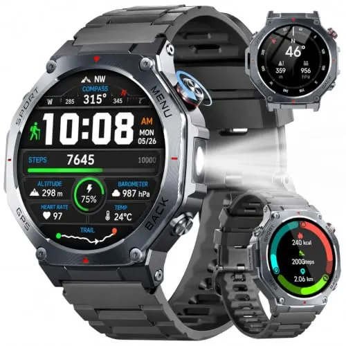 Jugeman Reloj Inteligente Hombre Militar con GPS y Linterna LED, Smartwatc