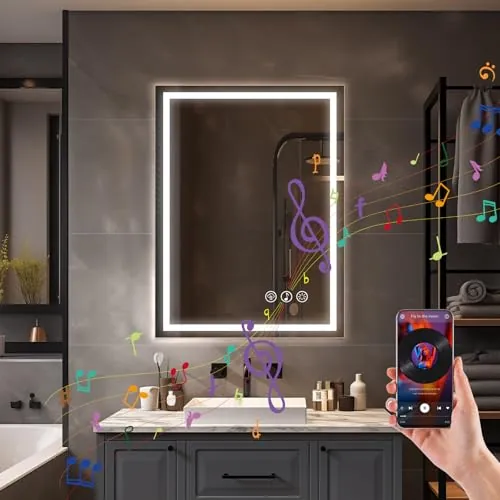 Simusi LED Espejo Baño con luz 60x80cm, Bluetooth, 3 Colores, Antivaho | Espejo pared IP44, montaje horizontal vertical, luz 3 colores regulable, vidrio templado, integrado para baño