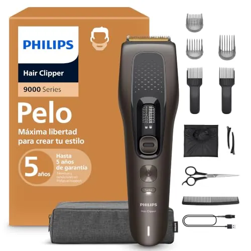 Philips Cortapelos Serie 9000 - Cortapelos para hombre y mujer, cuchillas autoafilables, 28 longitudes en intervalos de 1 mm, Trim and Flow, 180 min de autonomía, kit barbero de 4 piezas, HC9721/15