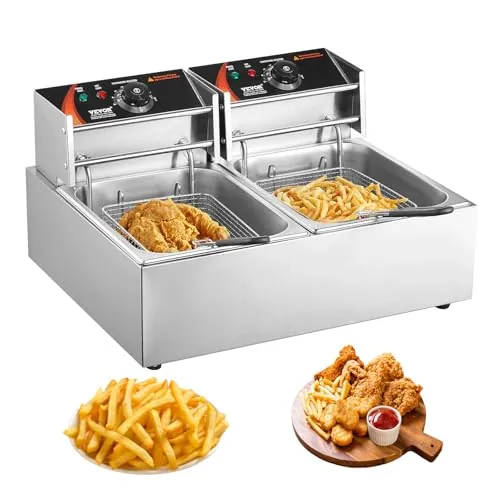VEVOR Freidora Eléctrica Comercial 2Tanques 12L 5000W Freidora de Aceite de Acero Inoxidable con 2 Cestas para Freír Tapas Temperatura Ajustable 50-200 gradosC para Aros de Cebolla Pollo Papas Fritas