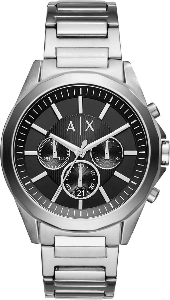 Armani Exchange Reloj Hombre, Movimiento cronógrafo de Cuarzo y Caja de 44mm con Correa de Acero Inoxidable