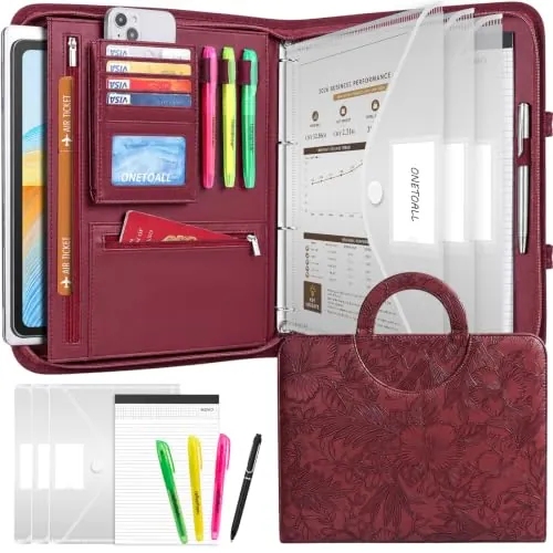 ONETOALL Portadocumentos Portafolios A4 Carpeta Piel PU con Cremallera Rojo | con Anillas, Asa Magnética, 3 Fundas para Documentos, 4 Bolígrafos y Cuaderno A4 para Conferencias Oficina Viajes Escuela