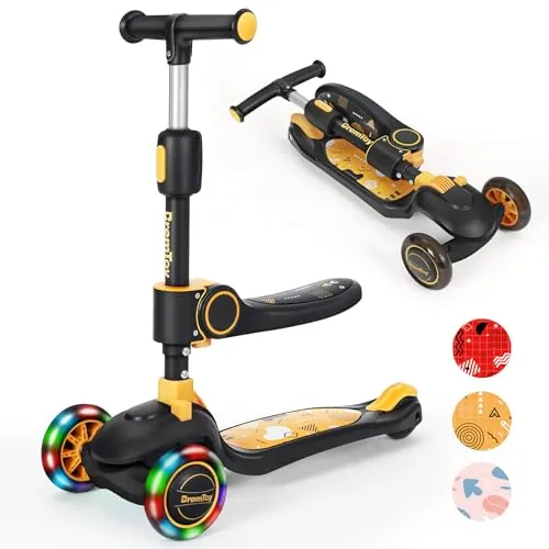 BremToy Patinete para Niños 2 Años con Asiento, Manillar Infinitamente Ajustable, Patinete 3 Ruedas LED Parpadeantes, Patinete Niños Plegable con Altura Ajustable de 2 a 8 años, Carga Máxima de 50 kg