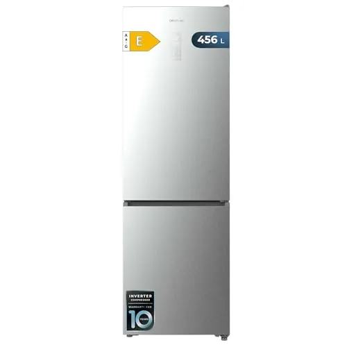 Cecotec Frigorífico Combi 456L Total No Frost Bolero CoolMarket Combi 456 Inox E. Altura 201cm y 59,5cm Ancho, MAX INSIDE con VIP Tech, Compresor Inverter Plus, Bajo Consumo, Bandejas Cristal, Inox