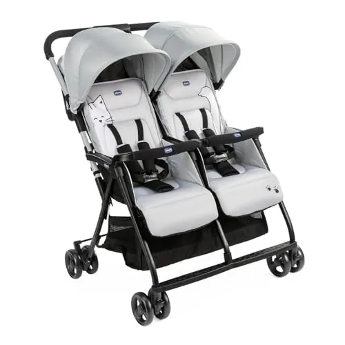Chicco OHlalà - Cochecito doble doble doble de 0 meses a 15 kg, cochecito ligero reclinable y plegable, reposapiés ajustables, cubierta de lluvia y capota extensible Silver Cat, gris