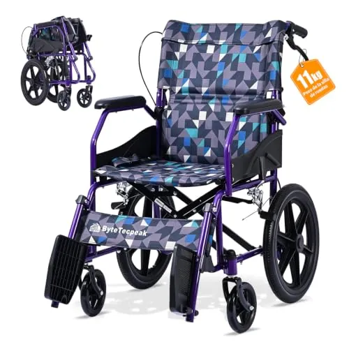 ByteTecpeak M5 Silla de Ruedas Manual Plegable Ligera, 11 kg Ligera | Silla de ruedas plegable de acero al carbono, reposapiés ajustable, cinturón de seguridad, frenos dobles y fácil transporte