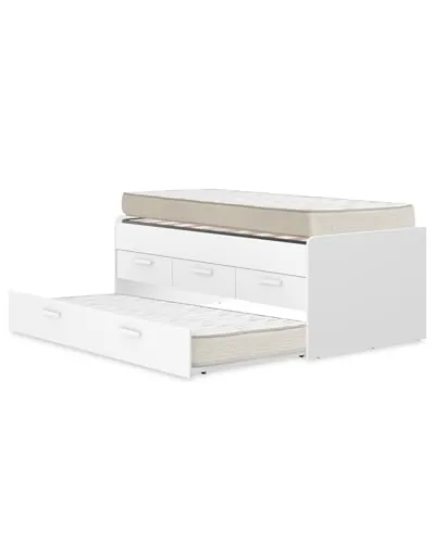 DEKIT - Pack Ahorro Juvenil Cama Nido Leka con 3 cajones, 1 somier Lama Ancha y 2 colchones viscoelásticos 90 x 190 cm