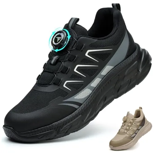 BAXIWUY Zapato Seguridad Hombre Mujer Calzado de Trabajo Ligeros Comodo Zapatillas de Seguridad con Punteras de Acero Transpirable Antideslizante Zapatillas Trabajo Negro, 40 EU
