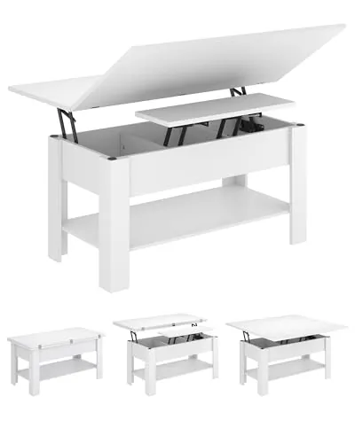 KIMENICH Mesa de Centro Regulable en Altura, Almacenamiento Oculto, 3 en 1, Multifunción, Mesa de Salón, Mesa de Café, Compartimento Abierto, Mesa de Comedor, para Salón, Oficina, Blanco