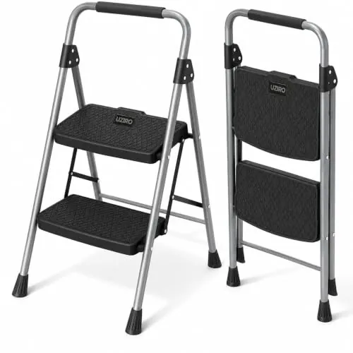 UZIRO Escalera Plegable 2 Peldaños, Estructura de Acero y Aluminio, Color Plateado, Peldaños Antideslizantes, Asa de Goma, para Hogar, Cocina, Oficina y Bricolaje