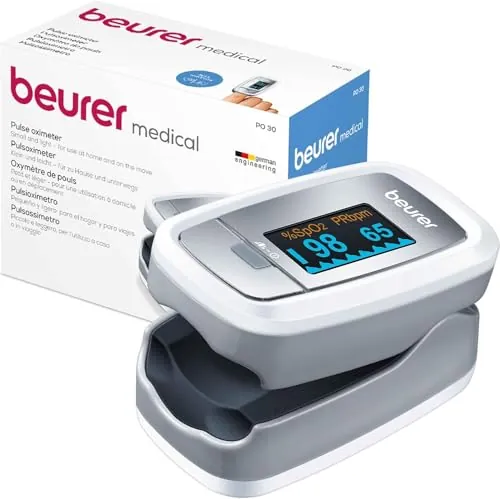 Beurer PO 30 pulsioxímetro, medición de la saturación de oxígeno (SpO₂) y de la frecuencia cardíaca, oxímetro de dedo con pantalla en color, aplicación indolora en el dedo, 6,1 x 3,6 x 3,2 cm, blanco