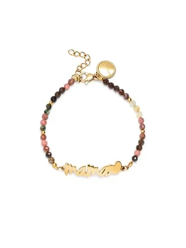 SINGULARU - Pulsera Mamá Heart Tourmaline. Acero con Baño en Oro de 18 Kt y Piedras Naturales. Joyas Para Mujer.