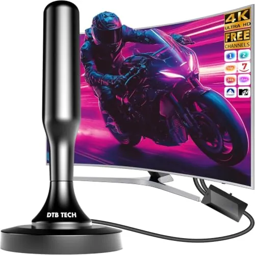 Antena TV Interior Potente TDT con Amplificador, Antena portatil TV, Antena TV para Interior - Recepción 360° Omnidireccional 4K 1080P Canales Locales Sin Suscripción, Base Magnética & Cable 9.8ft