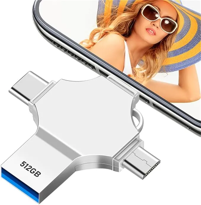 Memoria USB 512GB 4 en 1 Pendrive 3.0 Portátil USB C Pen Drive Memory Stick Metal Duro Disco Externo Compatible con OTG Android Smartphone Tablet Mac