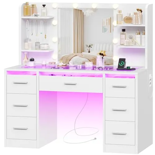 TEENFON Tocador de Maquillaje con Luces LED Regulables y enchufes, Mesa de Maquillaje con Espejo, 4 estantes Abiertos y 5 Ganchos para Joyas, Blanco, Tocador con 7 Cajones+RGB Tapa de Cristal