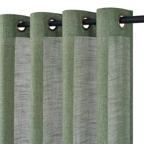 Topfinel Cortinas Verde Oliva Salon de Lino Translúcido con Ojales 245x140cm (HxL) 2PCS, Cortinas Dormitorio Modernas para Puertas de Balcón, Cortina para Comedor Habitacion, Curtains for Living Room