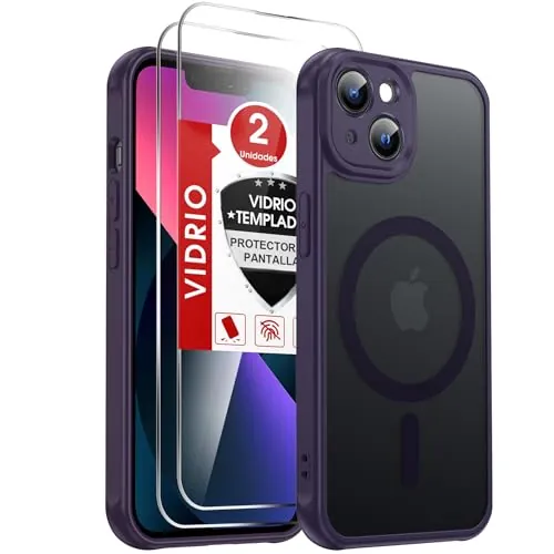 LeYi Funda Magnética para iPhone 13 con 2× Cristal Templado, Morado | Compatible con MagSafe Mate Carcasa Translúcido Esmerilado Grado Militar Antigolpes Case