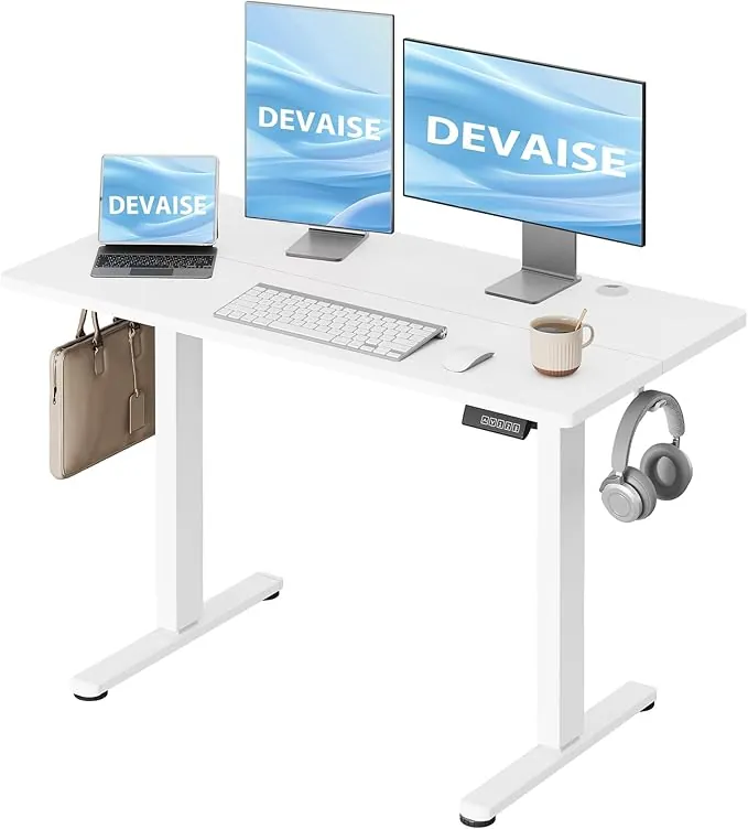 DEVAISE Escritorio Elevable Eléctrico,Mesa Regulable Rltura 120 x 60cm con 3 Memorias,Mesa de Oficina con Panel Inteligente en Casa con Tablero Ensamblado, Blanco