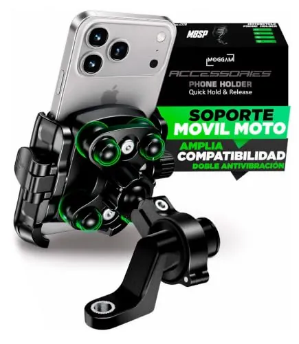 MOGGAM Soporte Móvil Moto Antivibración Manillar y Retrovisor Scooter Bici | Doble antivibración de silicona. Manillar 22-32 mm o retrovisor con rosca: moto, scooter, bicicleta y patinete eléctrico.