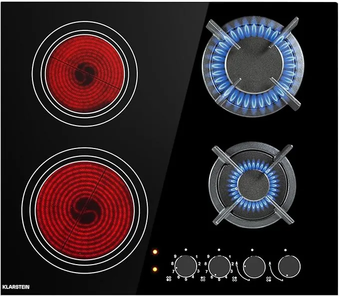 Klarstein Cocina de gas, 4 quemadores de 6,4 kW, cocina eléctrica integrada de cuatro anillos, cocina de caravana, quemador de wok superior de vidrio de acero inoxidable, estufa de cocina de 4 anillos