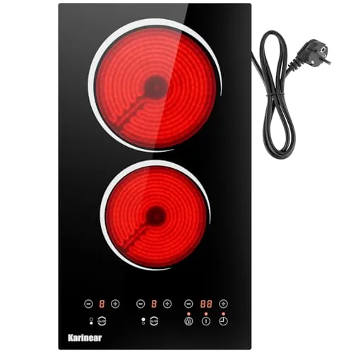 Karinear Placa Vitrocerámica de 2 Fuegos con Enchufe, Vitroceramica Dos Fuegos, Control Táctil, Independiente, Vitroceramica 2 Zonas, Ttemporizador, Bloqueo de Seguridad, 220-240 V, 3000 W