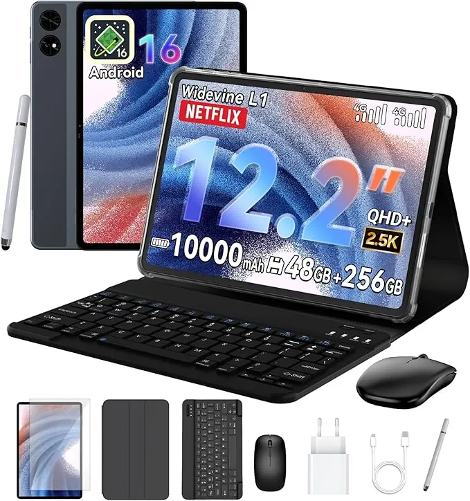 TABWEE T60 Tablet 12 Pulgadas con Teclado - Android 16, 48 GB+256 GB, 10000 mAh, 16 MP+8 MP, 1600 * 2400 FHD+, Widevine L1, Gemini AI 3.1 Pro, Face ID, GPS, Tablet 4G LTE (4 Años de Garantía)
