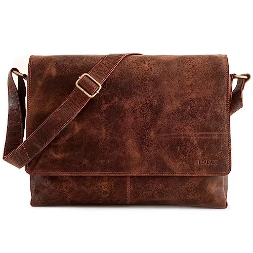 LEABAGS Bolso Bandolera para Hombres y Mujeres | Bolso Mensajero con Correa | Bolsa Cuero Genuino para Portátil 15" | Bolsa de Hombro | Bolsa de Trabajo | Bolsa de Transporte | Vintage Cognac