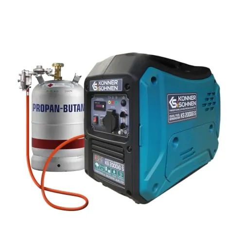 Generador inverter híbrido gas/gasolina Könner & Söhnen KS 2000iG S, 2000 W, carcasa insonorizada (62 dB), Schuko 230V, LED, modo eco, cobre, protección, EURO 5