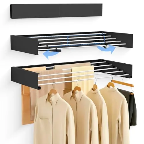 JUPPLIES Tendedero Extensible Pared Plegable - Tendedero Retráctil Invisible con 5 Barras de Aluminio para Interior o Exterior - Ahorra Espacio con Diseño Compacto (Negro, 120)