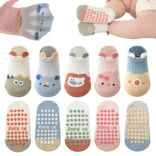 YANWANG Bebé Antideslizante Tobillo Calcetines con Agarre Algodón Transpirables para Bebés Niños Niñas 5 Par Multicolores(S:0-12 meses,Dinosaurio beige)