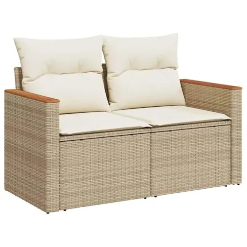 vidaXL Sofá de Jardín de 2 Plazas con Cojines, Sillón de Exterior, Sofá Modular, Asiento para Patio Terraza Balcón, Ratán Sintético Beige