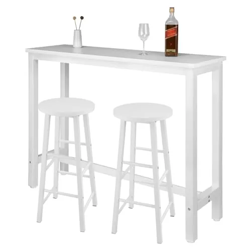 WOLTU Mesa Alta de Barra Cocina, Mesa Bar con 2 Taburetes de Bar, Juego de Comedor para Bar, Comedor, Isla Cocina, Taburetes Redondos, Estructura de Metal, Diseño Industrial, Blanco